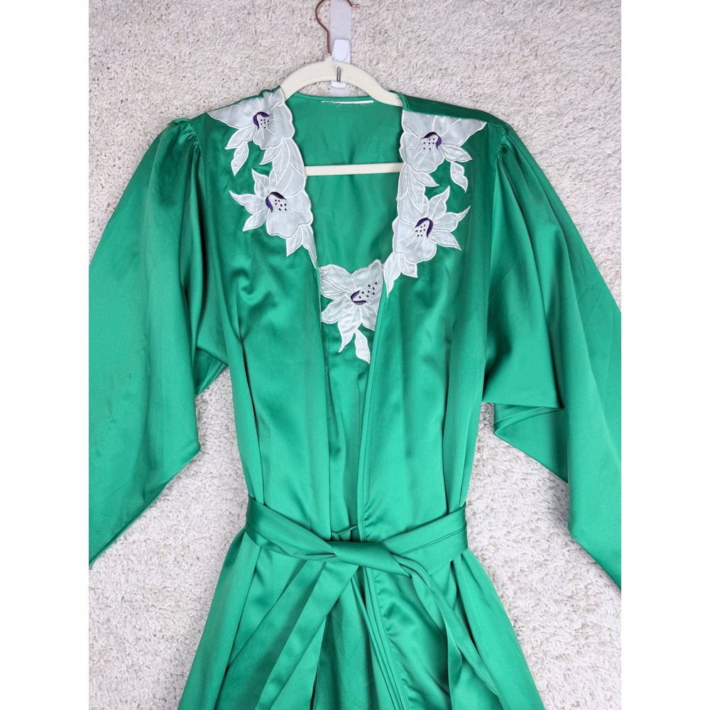 Womens M Natori Robe Gown Green Satin Floral Applique Vintage Sleepwear Lingerie